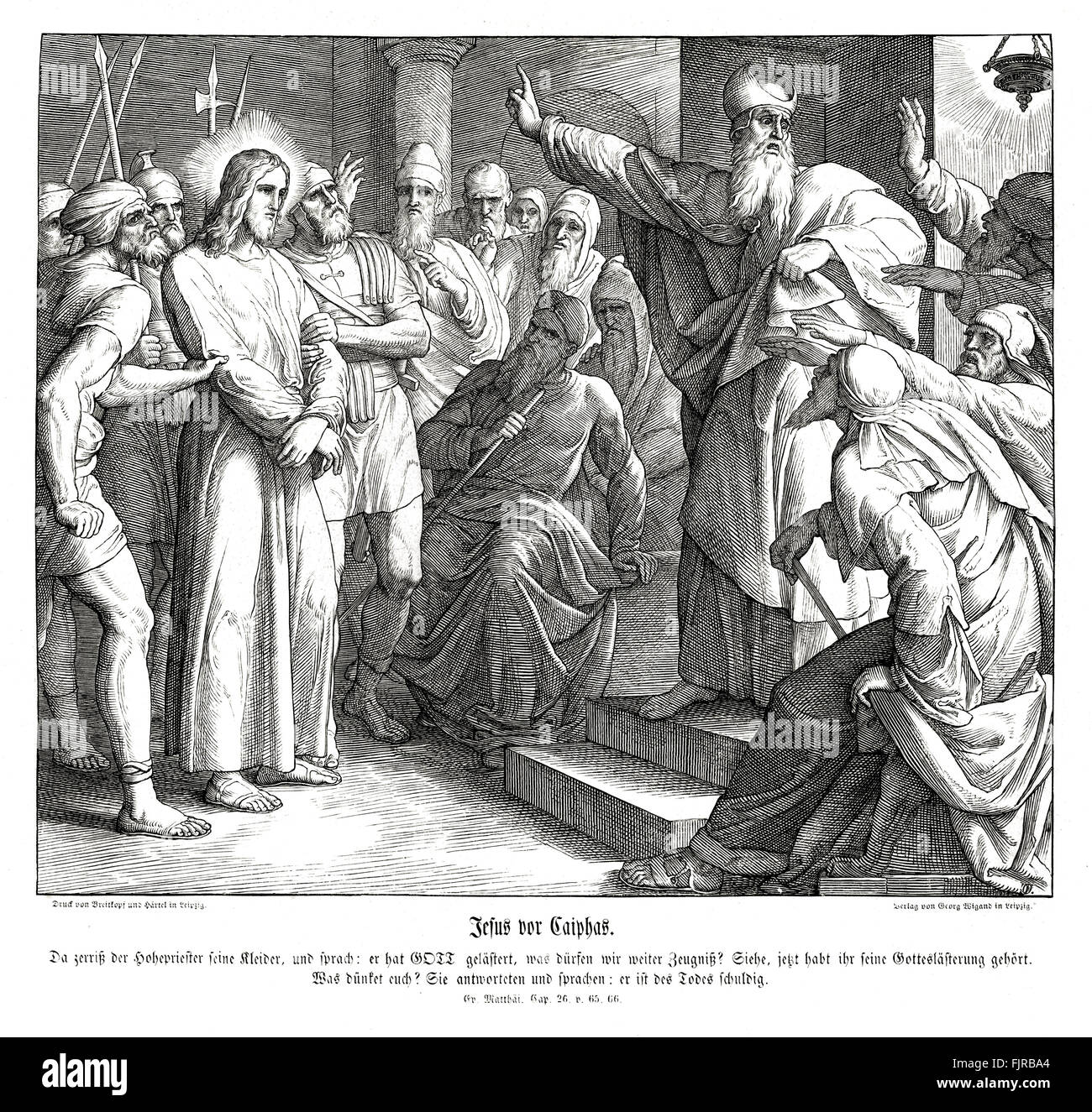 Jesus' trial before Caiaphas, Gospel of Matthew chapter XXVI verses 65 - 66 'Then the high priest rent his clothes, saying, He hath spoken blasphemy; what further need have we of witnesses? behold, now ye have heard his blasphemy. What think ye? They answered and said, He is guilty of death.' 1852-60 illustration by Julius Schnorr von Carolsfeld Stock Photo