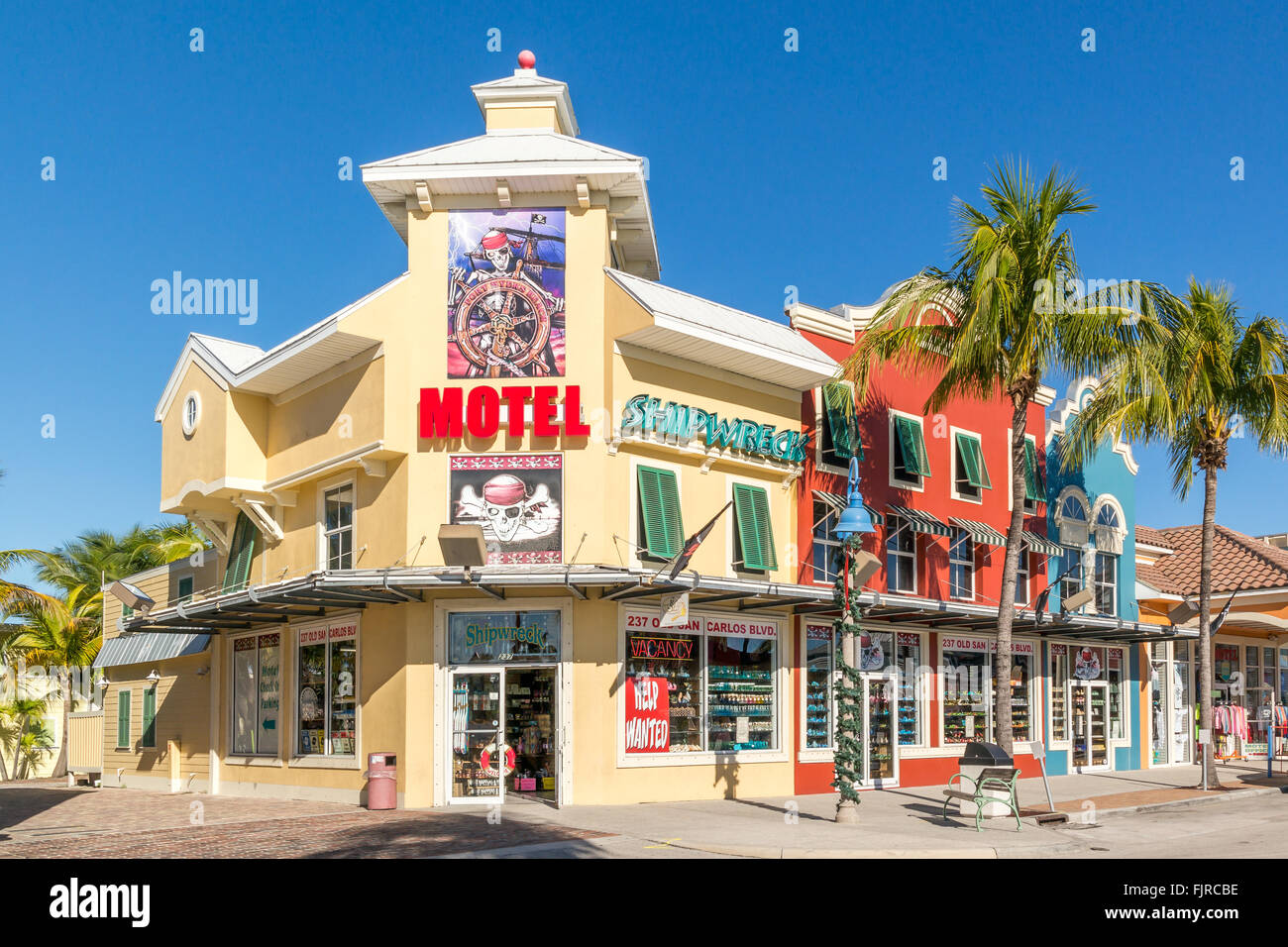 Shops in Old San Carlos Boulevard in Fort Myers Beach on Estero Island at the west coast of Florida, USA Stock Photo