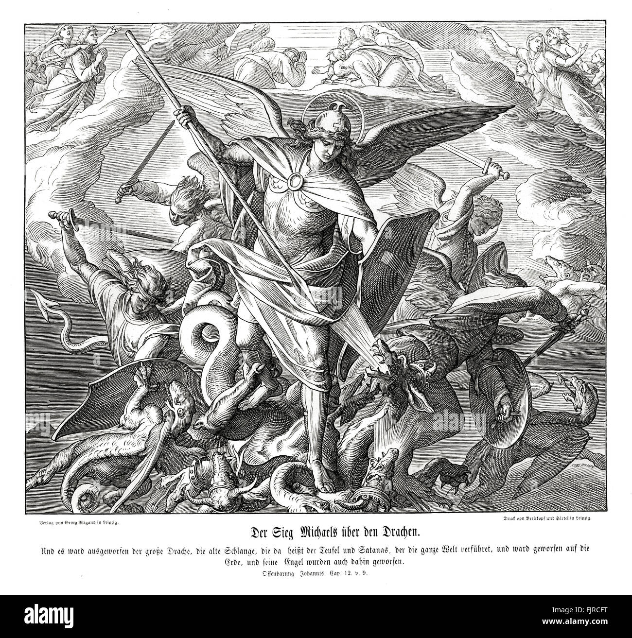 Michael's victory over the dragon, Revelation of John chapter XII verse 9 'And the great dragon was cast out, that old serpent, called the Devil, and Satan, which deceiveth the whole world: he was cast out into the earth, and his angels were cast out with him.' 1852-60 illustration by Julius Schnorr von Carolsfeld Stock Photo