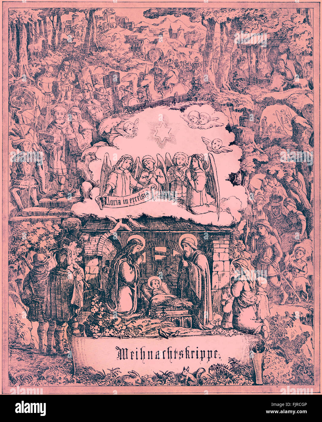 Christmas / Xmas  illustration with Biblical references:  Mary and Joseph with Jesus in manger, star of Bethlehem and angels above, surrounded by shepherds, Three Kings, etc.  19th century woodcut by Franz Pocci. Stock Photo