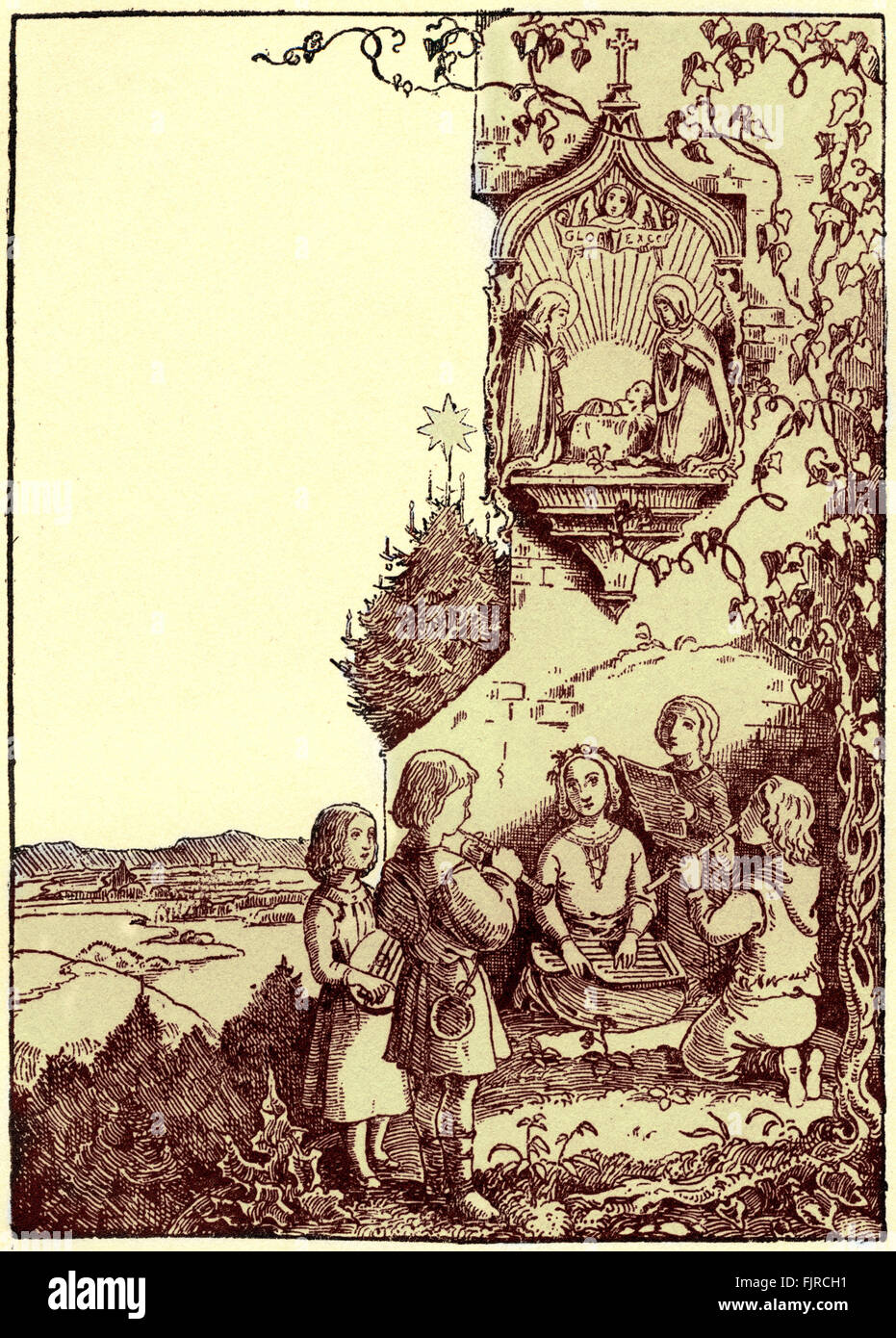 Christmas / Xmas illustration with Biblical references: statues of  Mary and Joseph with Jesus in manger, with small children playing instruments in countryside scene.  Christmas tree in background. 19th century woodcut by Franz Pocci. Stock Photo