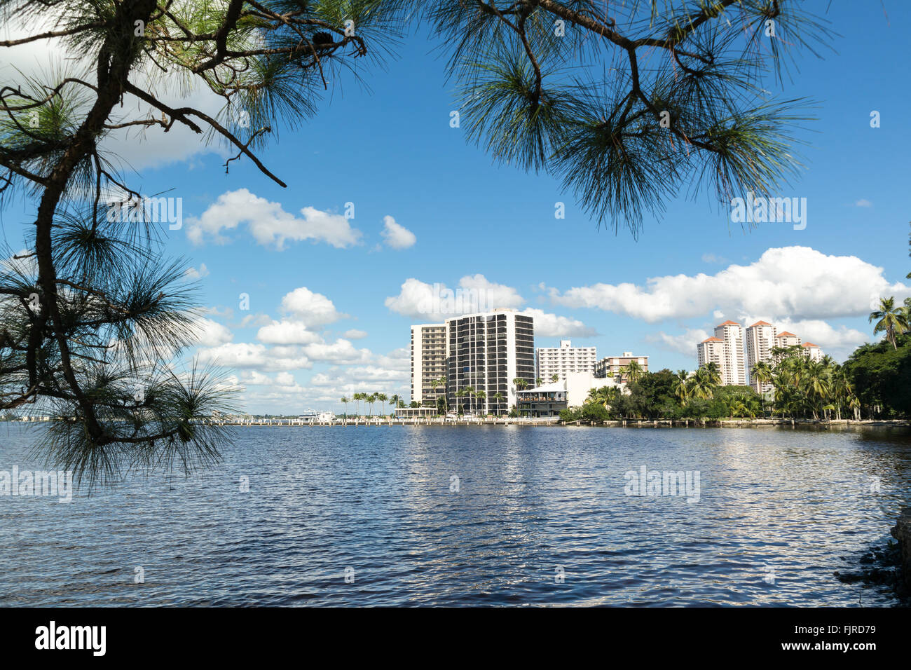 Panorama of Caloosahatchee River with waterfront apartment buildings in Fort Myers, Florida, USA Stock Photo