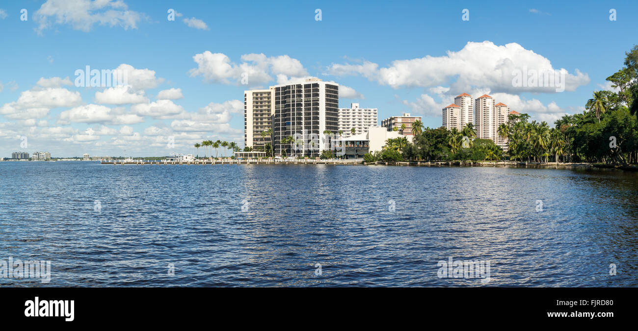 Panorama of Caloosahatchee River with waterfront apartment buildings in