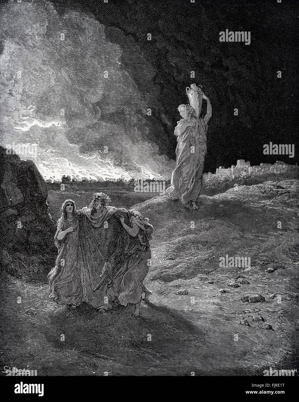 The destruction of Sodom by fire and brimstone. Lot's wife is turned to a pillar of salt (Genesis chapters XVIII and XIX), illustration by Gustave Doré (1832 – 1883) Stock Photo
