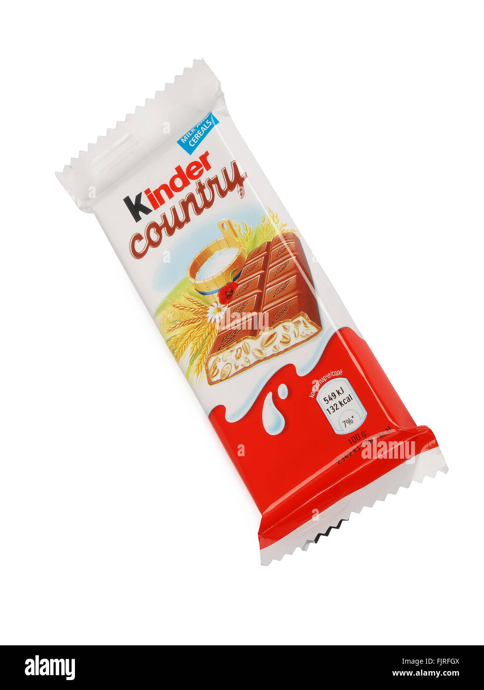 Kinder Country chocolate bar isolated on white background. Kinder Country bars are produced by Ferrero. Stock Photo