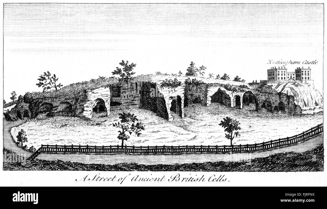 Engraving of A Street of Ancient British Cells, Nottingham Castle (The Park Rock Holes) scanned at high res from a book of 1763. Stock Photo