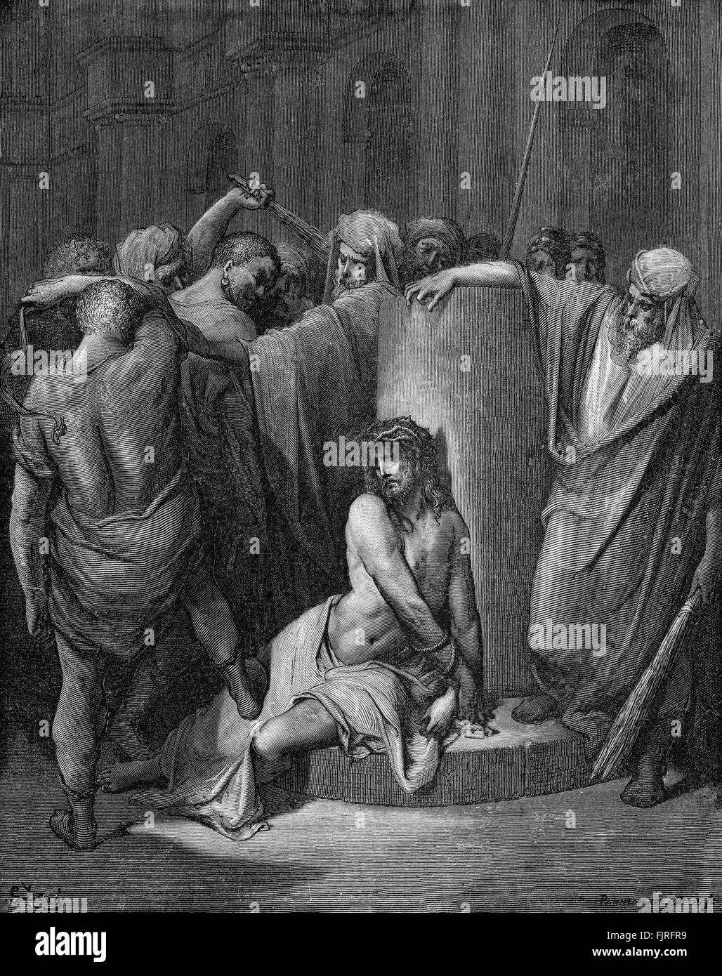 The flagellation of Christ - Jesus is beaten and given a crown of thorns (Mark chapter XV), illustration by Gustave Doré (1832 – 1883) Stock Photo