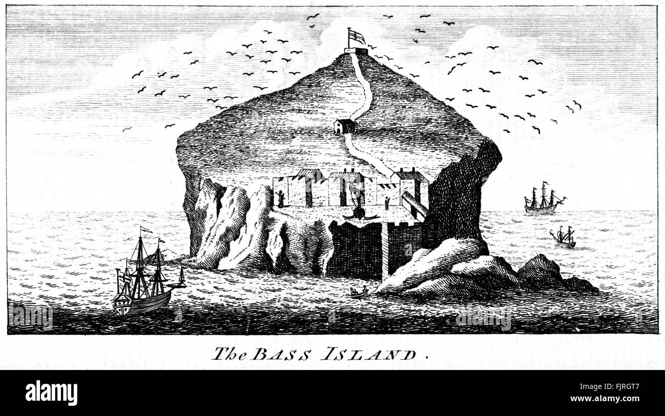 An engraving of The Bass Island (Bass Rock) scanned at high resolution from a book printed in 1763. Believed copyright free. Stock Photo