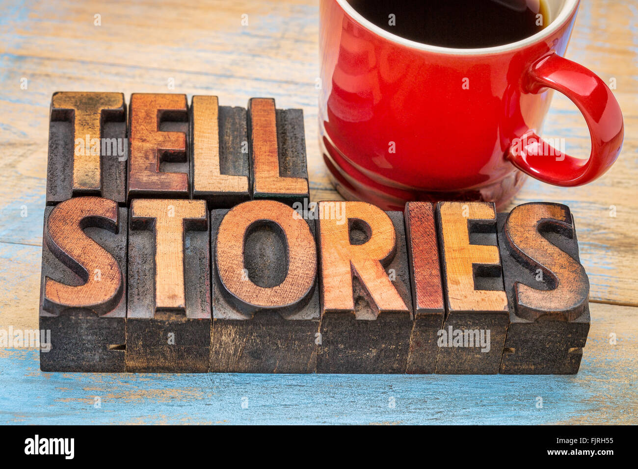 tell stories word abstract text in vintage letterpress wood type with