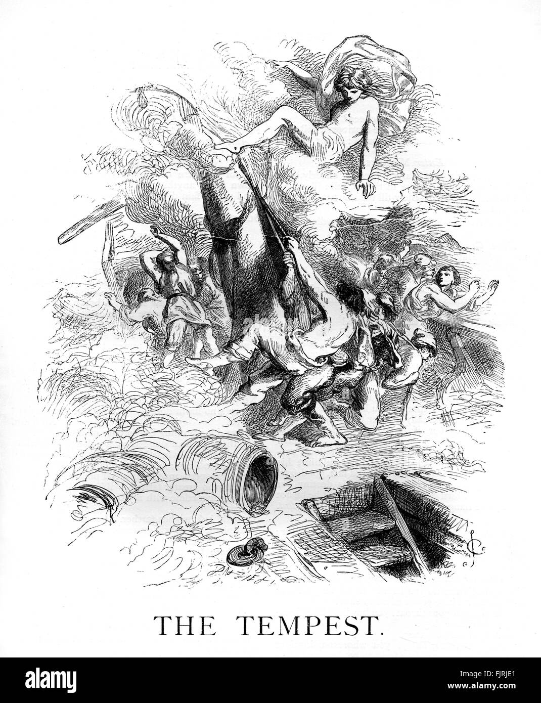 William Shakespeare 's The Tempest - Act I scene I.  The ship at sea in the storm with thunder and lightning. An invisble Ariel hovers above. WS: English playwright, 26 April 1564 –  23 April 1616. Illustration by John Gilbert. Stock Photo