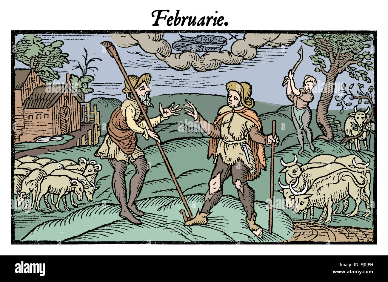 The Shepherd 's calendar, 1579, February. Two shepherds in a field with their sheep. (Februarie) Stock Photo