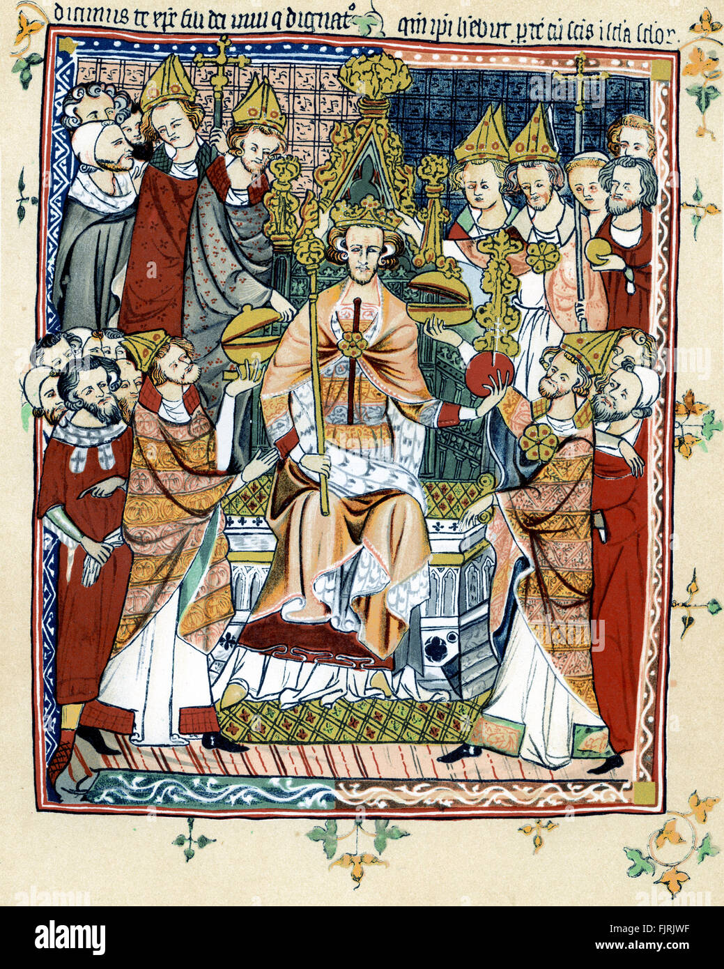 Coronation of a medieval king of England, early 14th century (possible Edward  III - but not confirmed) (From a manuscript in the collection of Corpus Christ College, Cambridge) Stock Photo