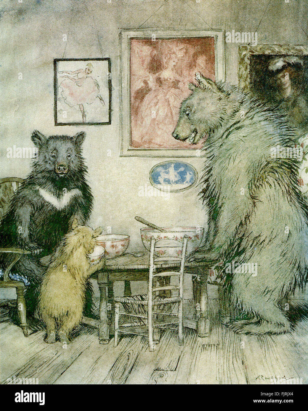 The Story of the Three Bears, English fairy tale. Caption reads: 'Somebody has been at my porridge, and has eaten it all up!'. Illustration by Arthur Rackham (1867 - 1939) Stock Photo