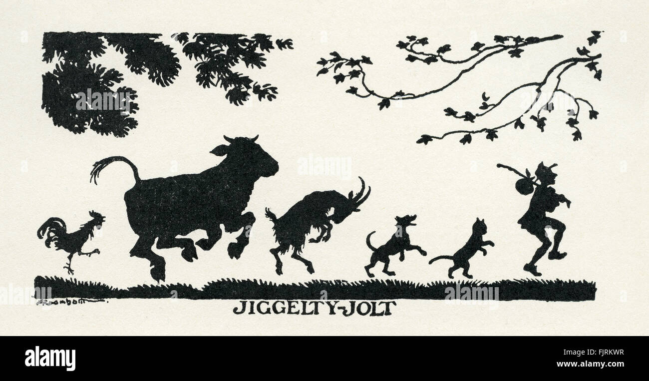 How Jack went out to seek his fortune, English fairy tale. Jack being followed by the cat, dog, goat, cow and cockerel. Illustration by Arthur Rackham (1867 - 1939) Stock Photo