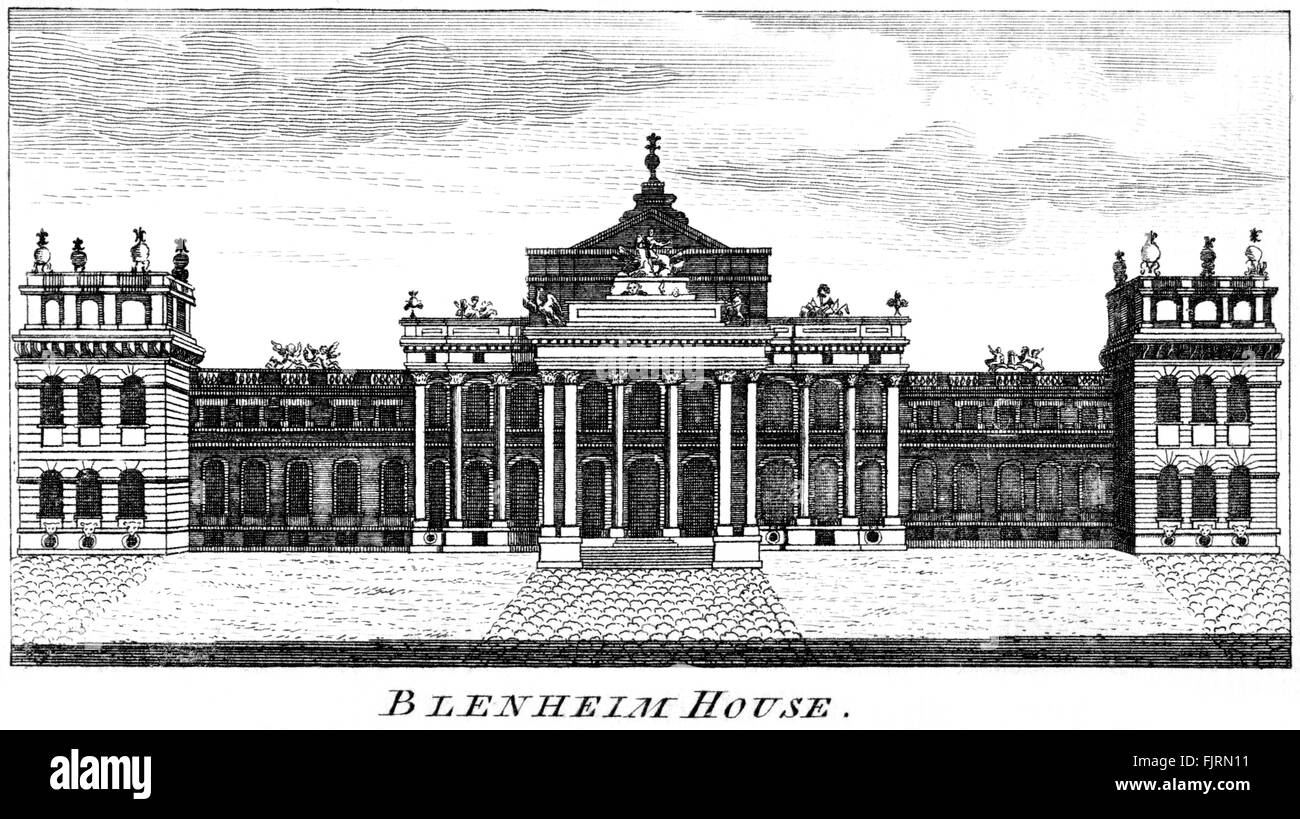 An engraving of Blenheim House (Blenheim Palace) scanned at high resolution from a book printed in 1763. Believed copyright free Stock Photo