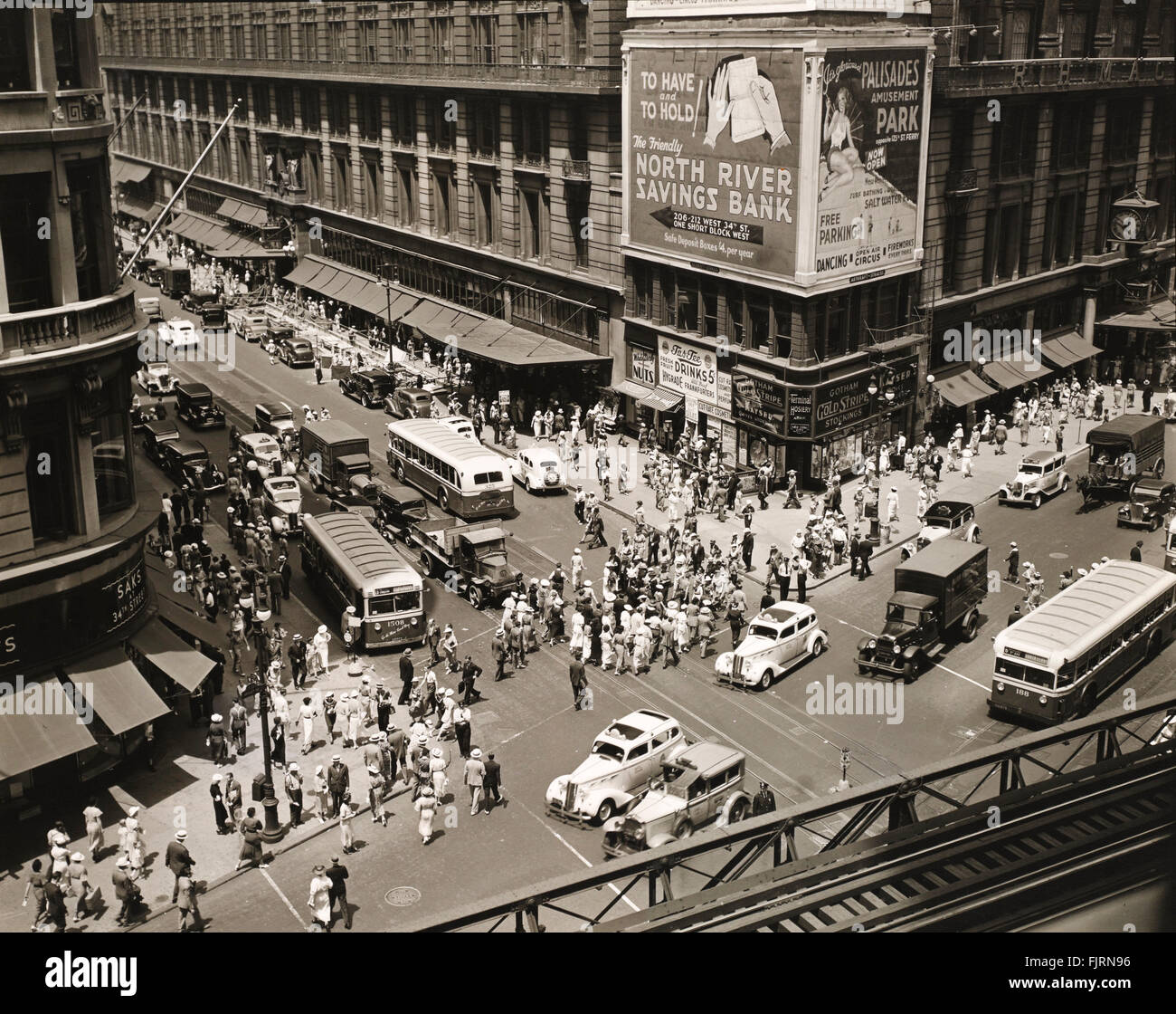 Aerial view of Herald Square in New York showing Macy's department store in 1935. (Bernice Abbot/ New York Public Library/Public Domian) Stock Photo
