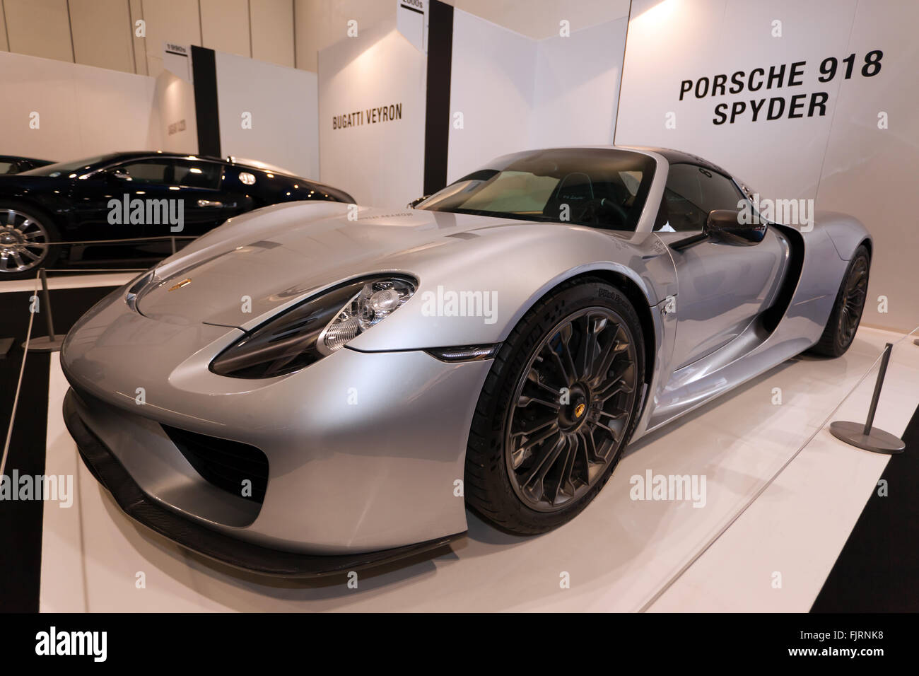A Porsche 918 Spyder on static display  in the 'Evolution of the Supercar' section of the 2016 London Classic Car Show. Stock Photo