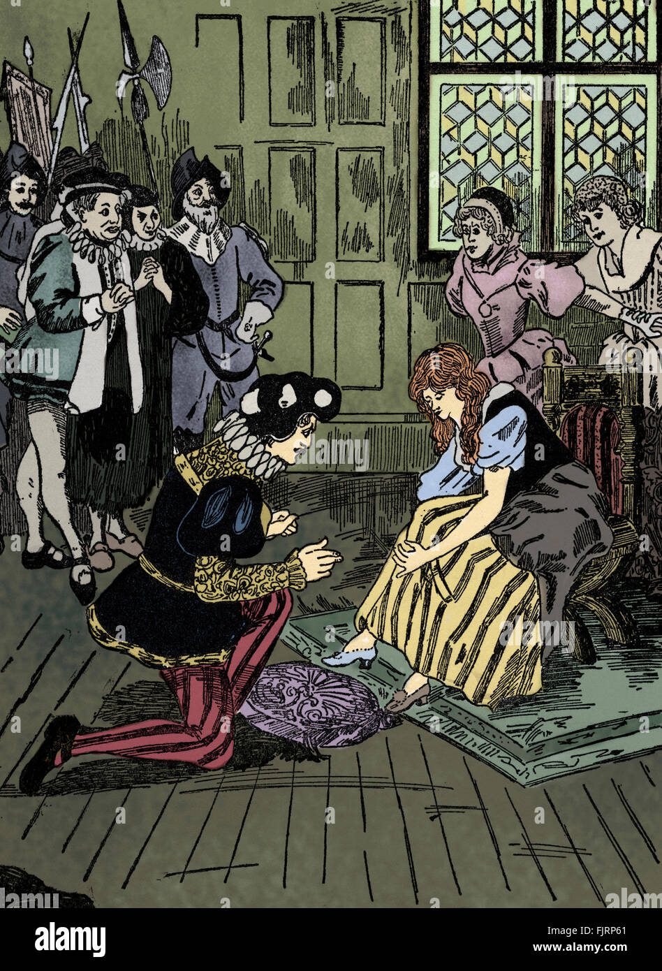 Cinderella and the prince Charming.  He asks her to try on the glass slipper and it fits. The Ugly Sisters look on from the right. Written by Charles Perrault ( 12 January 1628 – 16 May 1703) . And published in 1697 Stock Photo