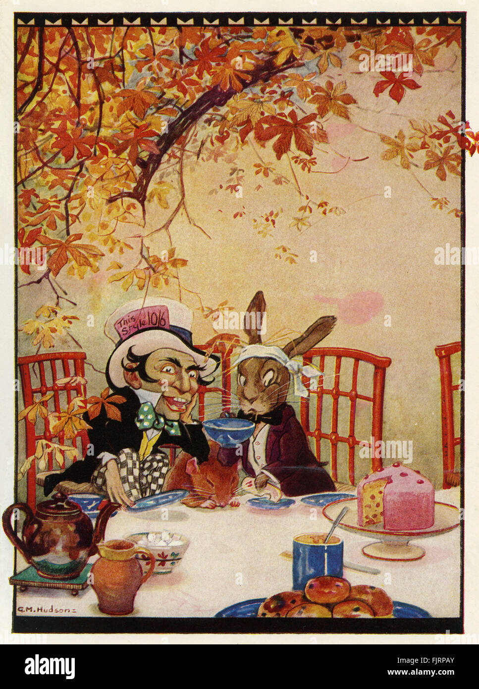 Alice's Adventures in Wonderland by Lewis Carroll. Illustrated by Gwynedd M Huson (dates not known).  Capion reads:The March Hare and the Hatter were having tea (Chapter 7). LC - British mathematician and author - real name Charles Lutwidge Dodgson: 27 January 1832 – 14 January 1898 Stock Photo