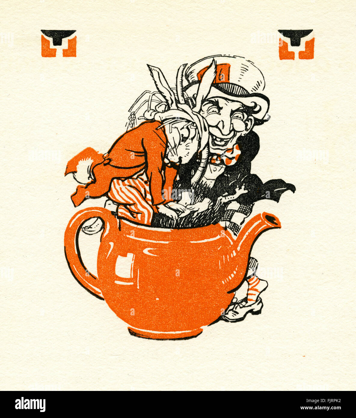 Alice's Adventures in Wonderland by Lewis Carroll. Illustrated by Gwynedd M Huson (dates not known).   Chapter8.  The mad hatter's tea party. The mad hatter and the doormous in the teapot. Chapter 8.  LC - British mathematician and author - real name Charles Lutwidge Dodgson: 27 January 1832 – 14 January 1898 Stock Photo