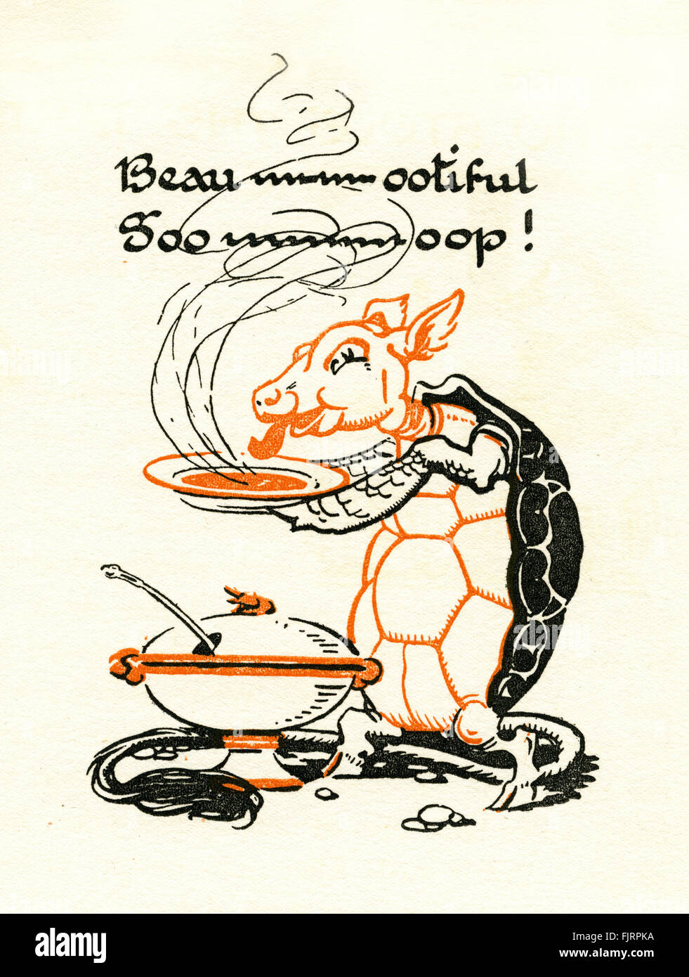 Alice's Adventures in Wonderland by Lewis Carroll. Illustrated by Gwynedd M Huson (dates not known).    The Mock Turtle's song: Beautiful Soup, so rich and green... Chapter 10.  LC - British mathematician and author - real name Charles Lutwidge Dodgson: 27 January 1832 – 14 January 1898 Stock Photo