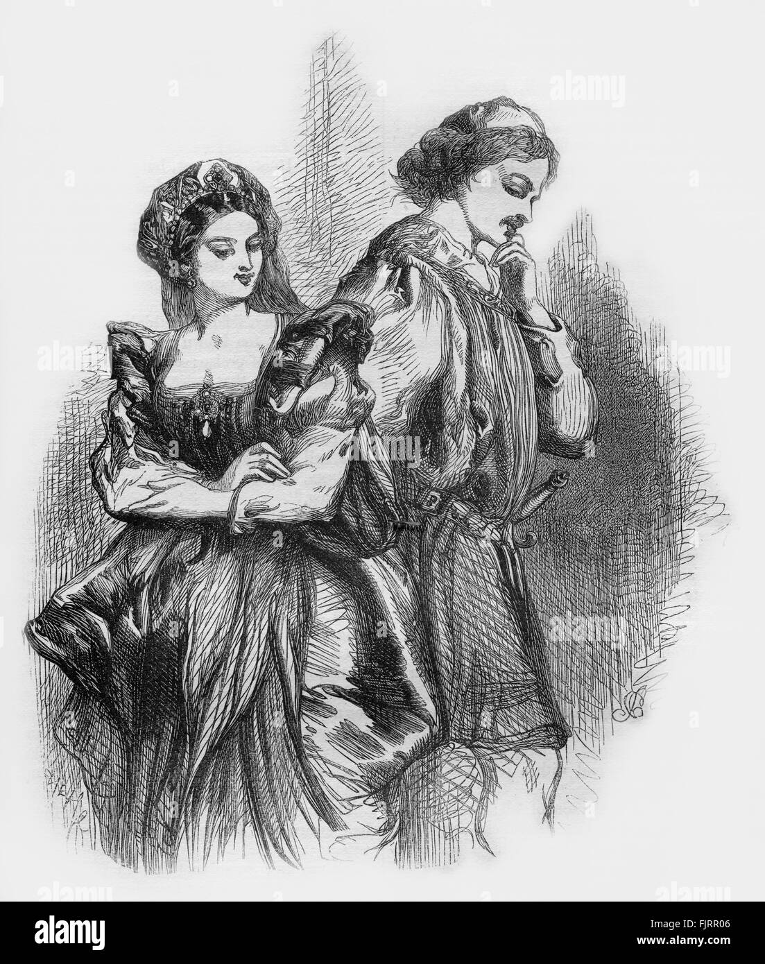 Much Ado about Nothing by William Shakaespeare. Beatrice and Benedick Act I scene  1. . Illustration by John Gilbert. English poet and playwright baptised 26 April 1564 – 23 April 1616. Stock Photo