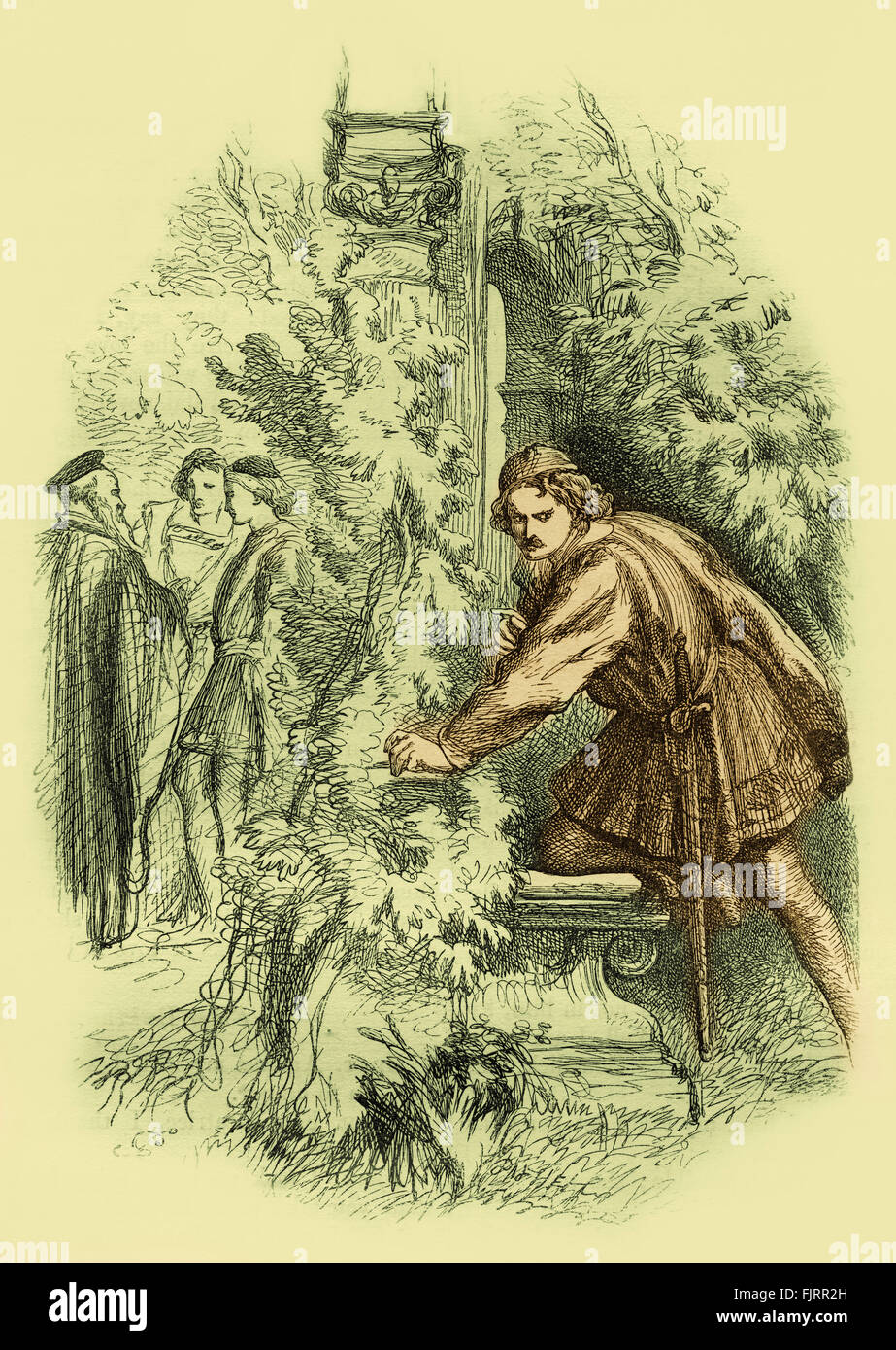 Much Ado about Nothing by William Shakespeare.  .  Act II scene  3. . Benedick listening while hidden to conversation between Don Pedro, Leonato, Claudio and Balthazar.  Illustration by John Gilbert. English poet and playwright baptised 26 April 1564 – 23 April 1616. Stock Photo