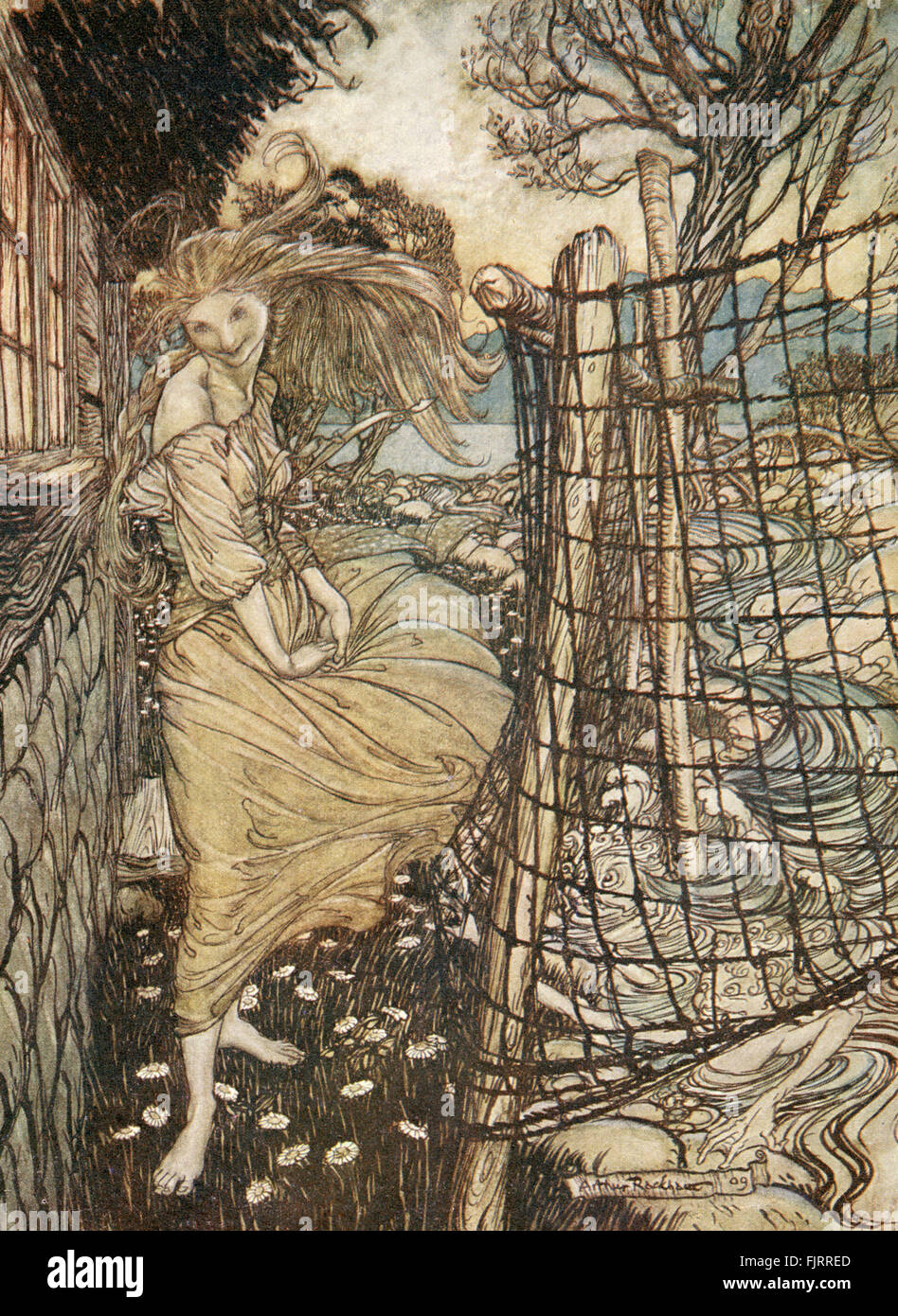 Undine  by Friedrich de la Motte Fouqué, illustrated by Arthur Rackham. ( Undine, a water spirit, marries a knight named Huldebrand in order to gain a soul). Caption reads 'Undine outside the window'. Illustrator AR 1867-1939. Author F de la MF 12 February 1777 – 23 January 1843. Stock Photo