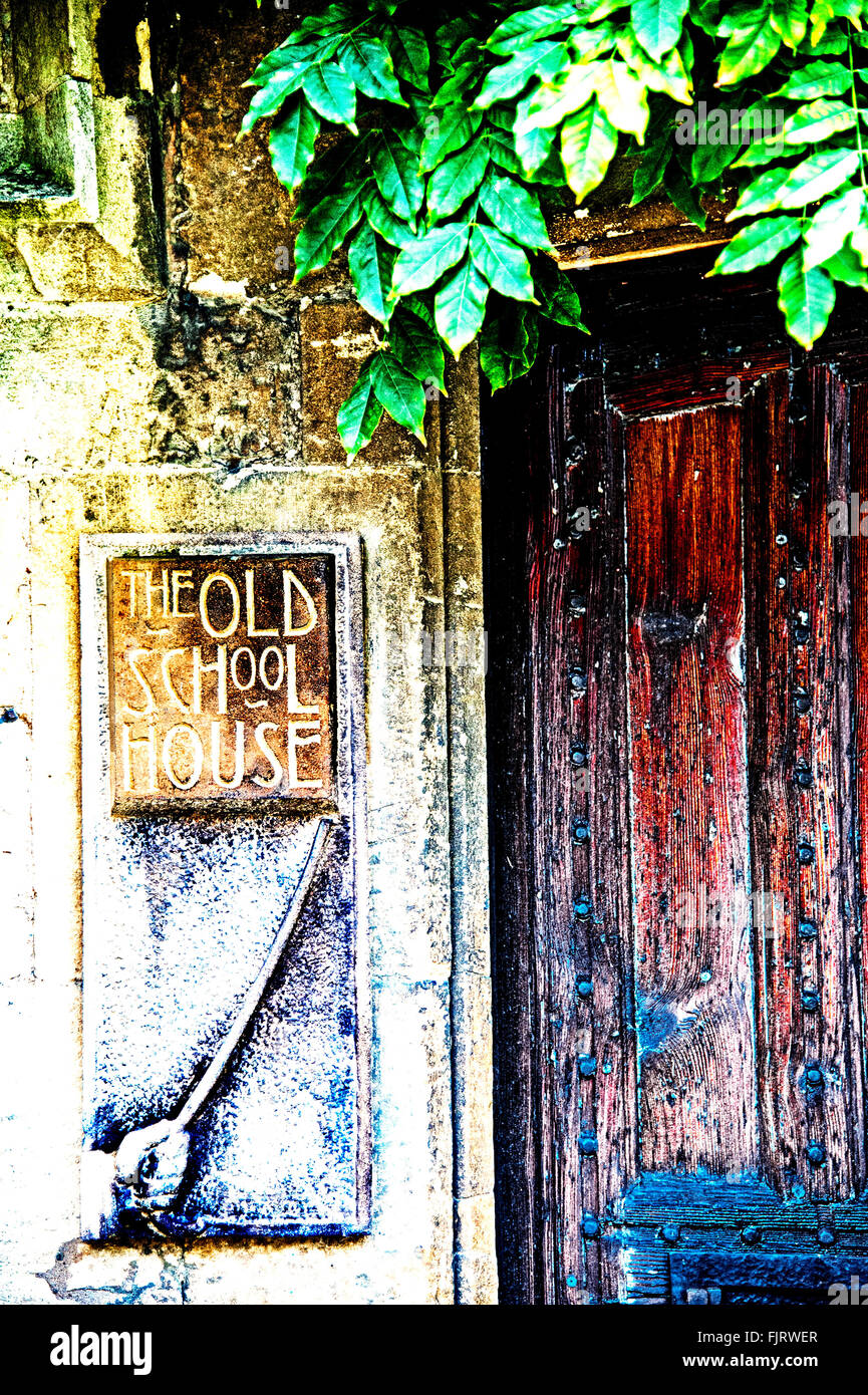 Entrance of the old school house, Chipping Campden, Gloucestershire, England, UK; Eingang zur alten Schule auf der High Street in Stock Photo