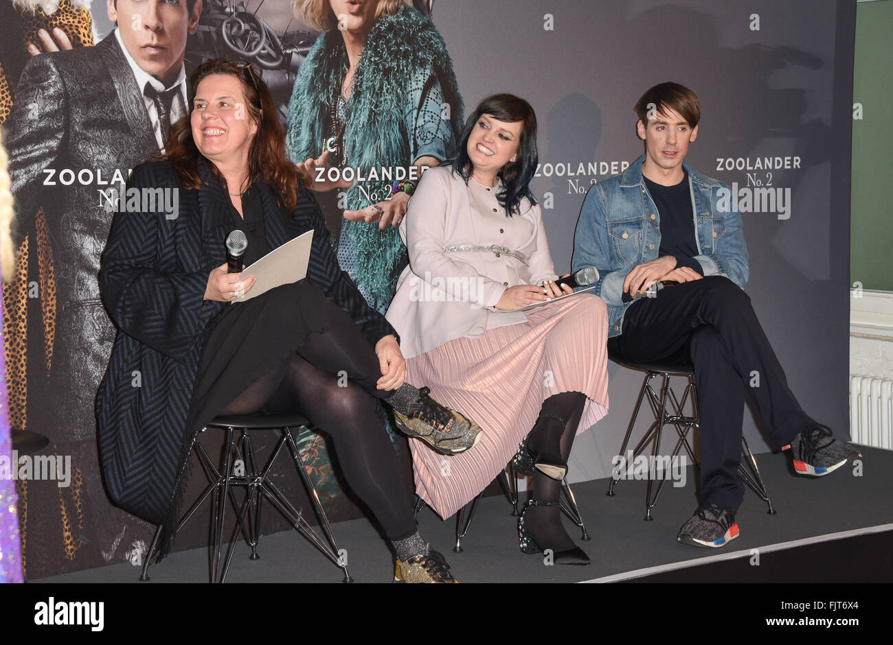The Zoolander No. 2 Fashion Awards sponsored by Paramount Pictures Germany and Akademie Mode & Design (AMD) in Prenzlauer Berg.  Featuring: Vreni Frost, Ulrike Naegele, Kilian Kerner Where: Berlin, Germany When: 01 Feb 2016 Stock Photo