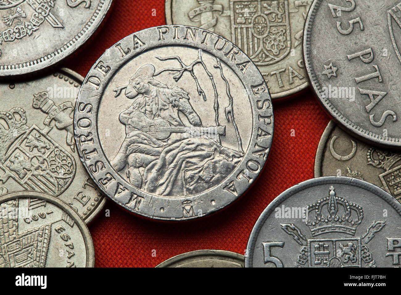 Coins of Spain. Spanish commemorative 200 peseta coin (1996) dedicated to Spanish Neoclassicist painter Ramon Bayeu. Stock Photo