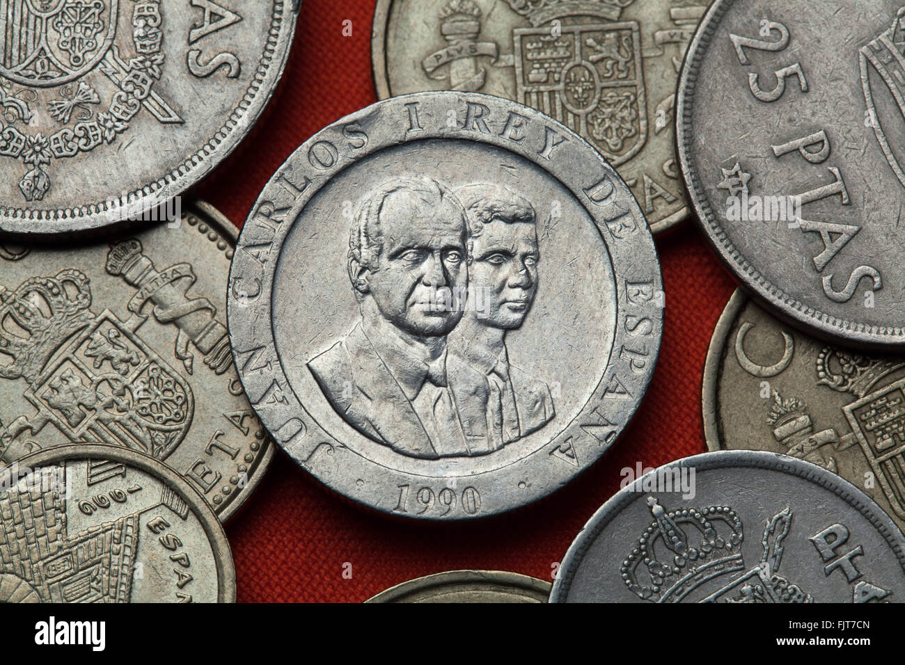 Coins of Spain. King Juan Carlos I and Crown Prince Felipe of Spain depicted in the Spanish 200 peseta coin (1990). Stock Photo