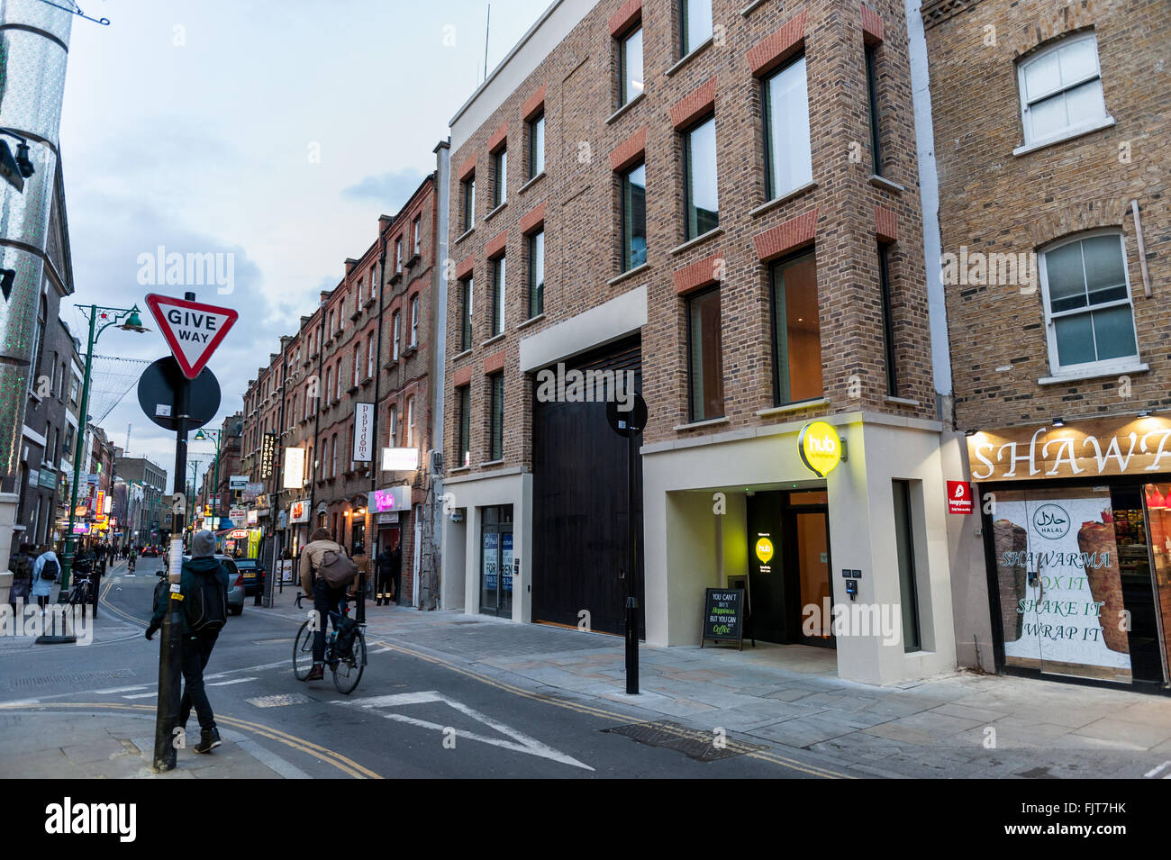 London, UK. 3 March 2016. A new hotel, "hub" by Premier Inn, opens on Brick  Lane. The 189-room budget hotel stands opposite the Jamme Masjid mosque and  on the site of the