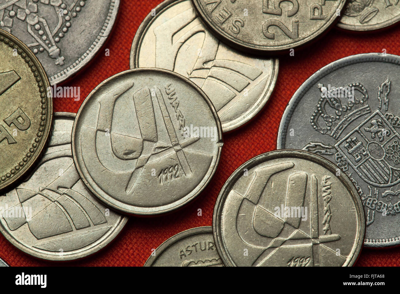 Coins of Spain. Spanish five peseta coins (1992). Stock Photo