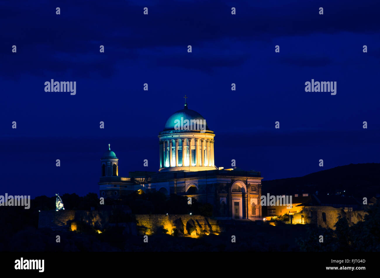 illuminated Esztergom cathedral night view Stock Photo