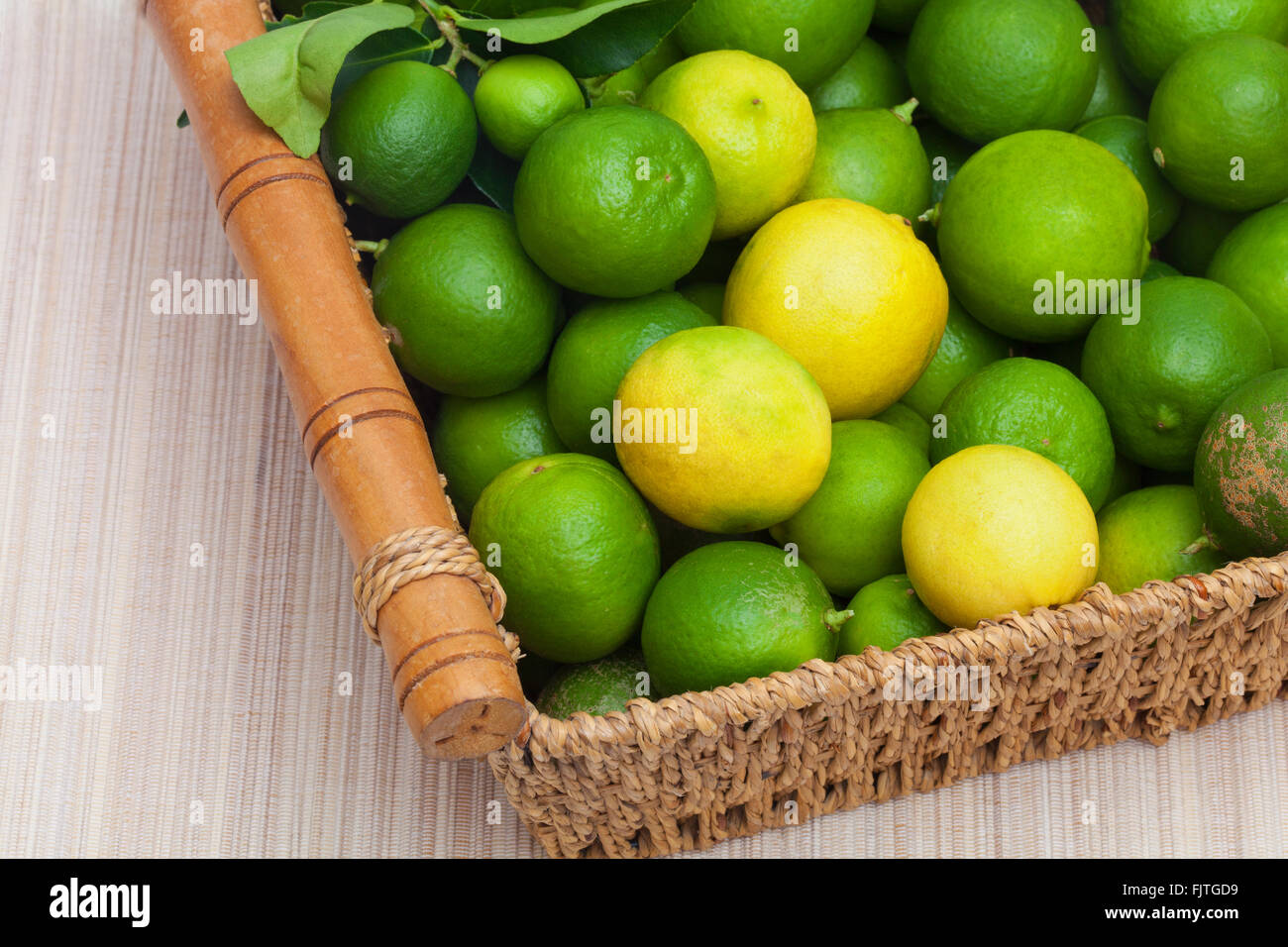 A basket of freshly picked key limes from a Florida garden Stock Photo