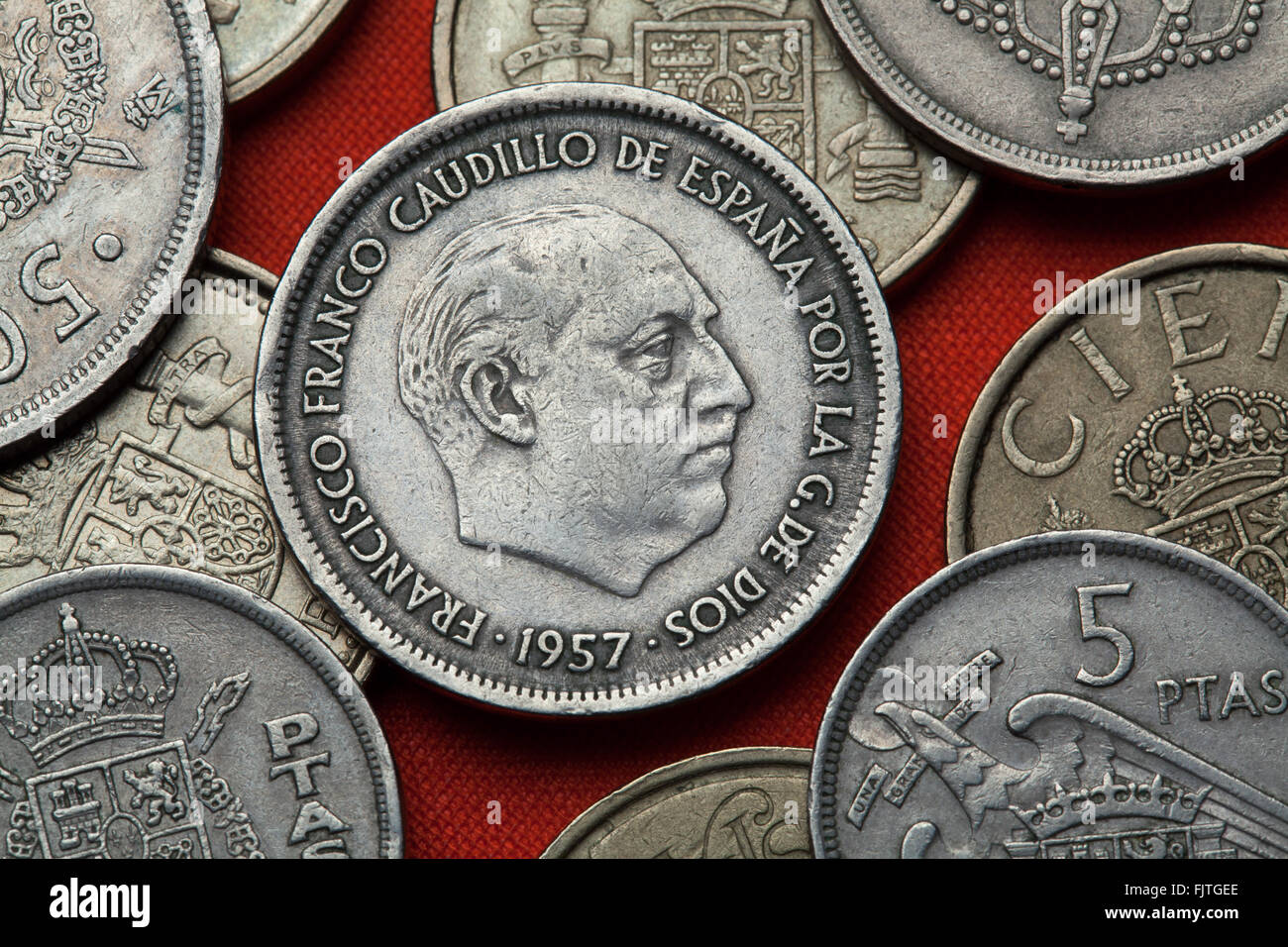 Coins of Spain. Spanish dictator Francisco Franco depicted in the Spanish 25 peseta coin (1957). Stock Photo