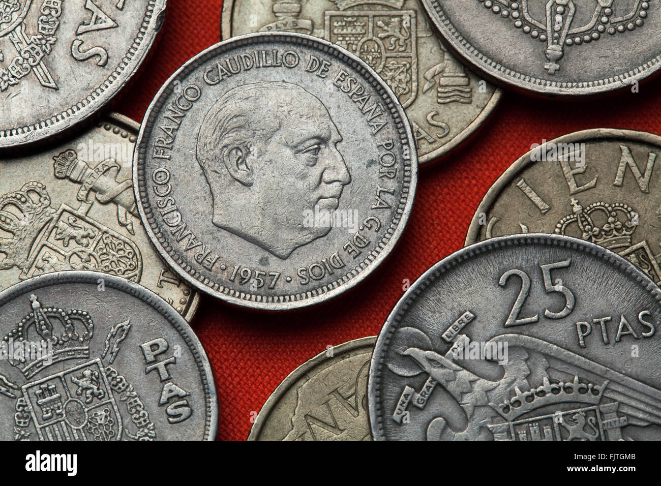 Coins of Spain. Spanish dictator Francisco Franco depicted in the Spanish five peseta coin (1957). Stock Photo