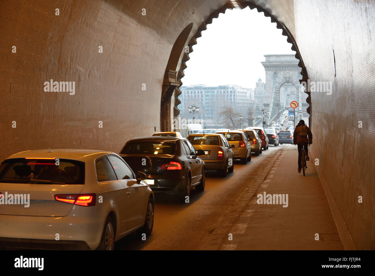 Traffic jam during rush hour in Budapest, Hungary. Bike is quicker. Stock Photo