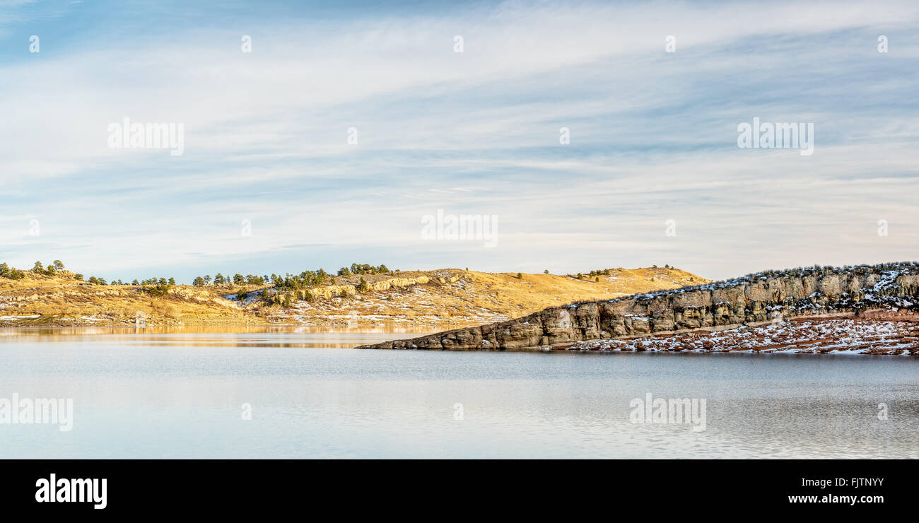 panorama of Horsetooth Reservoir, winter afternoon, Fort Collins, Colorado Stock Photo