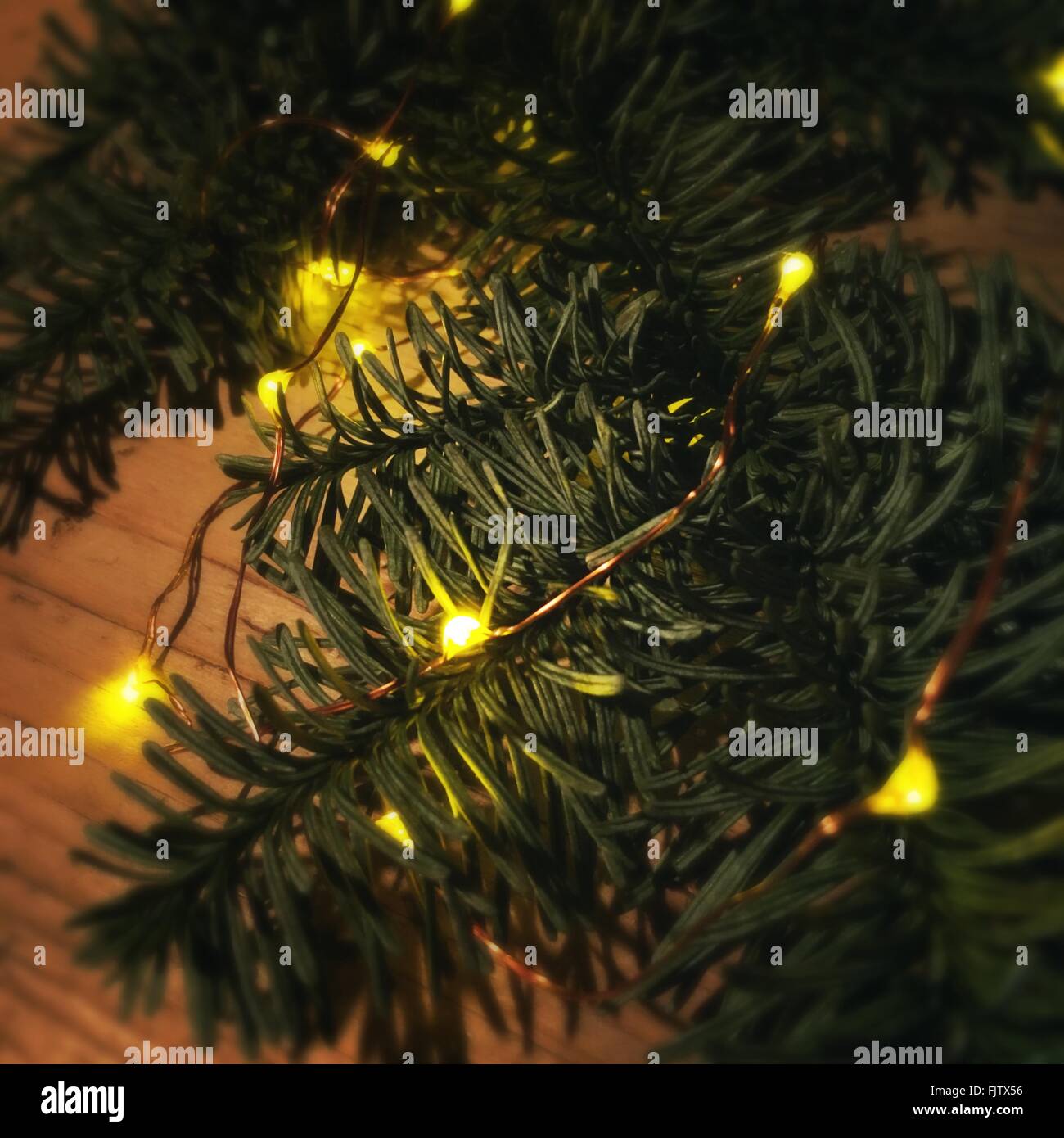 Close-Up Of Illuminated Christmas Tree Stock Photo