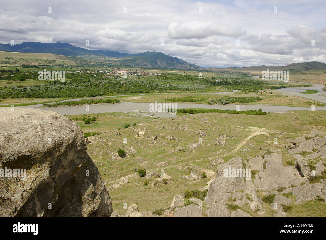 Uplistsikhe, ruins on the bank of Mtkvari River, view from the cave city, Georgia Stock Photo