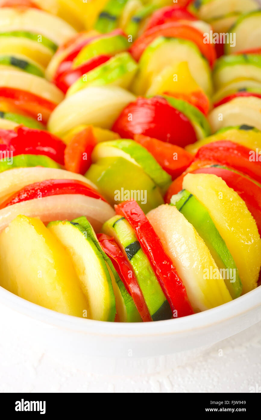 Sliced Zucchini, Tomato and Potato Casserole. Stock Photo