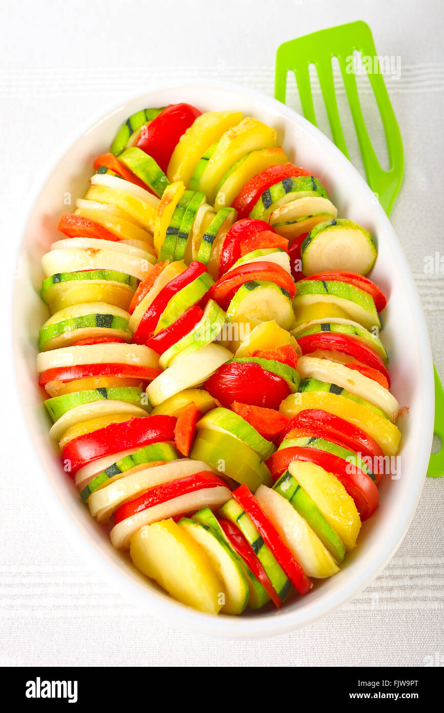 Sliced Zucchini, Tomato and Potato Casserole. Stock Photo