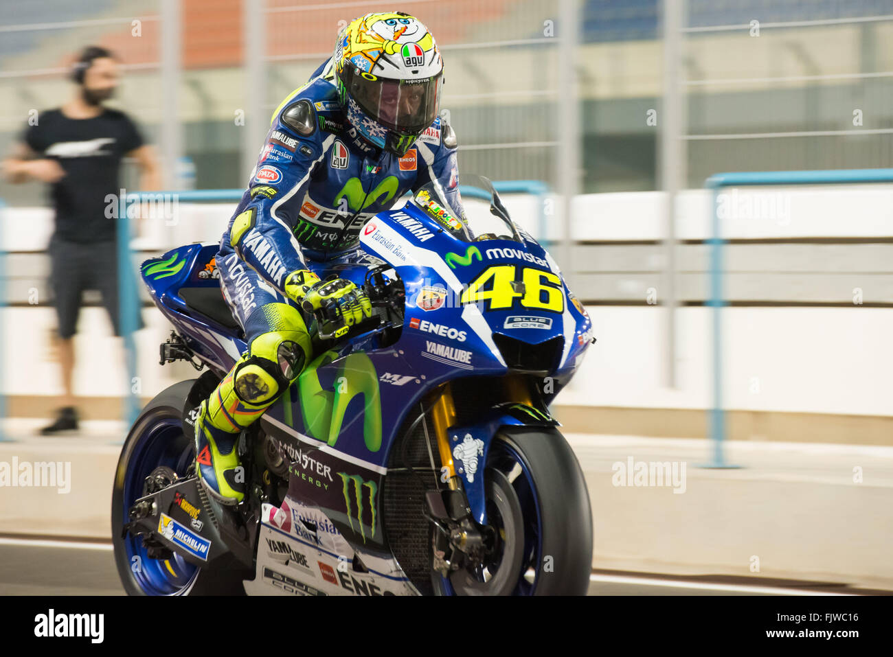 Doha, Qatar. 3rd March, 2016. Valentino Rossi rides down the pit lane  during the second day of the final pre-season test for the 2016 FIM MotoGP  World Championship at Losail International Circuit