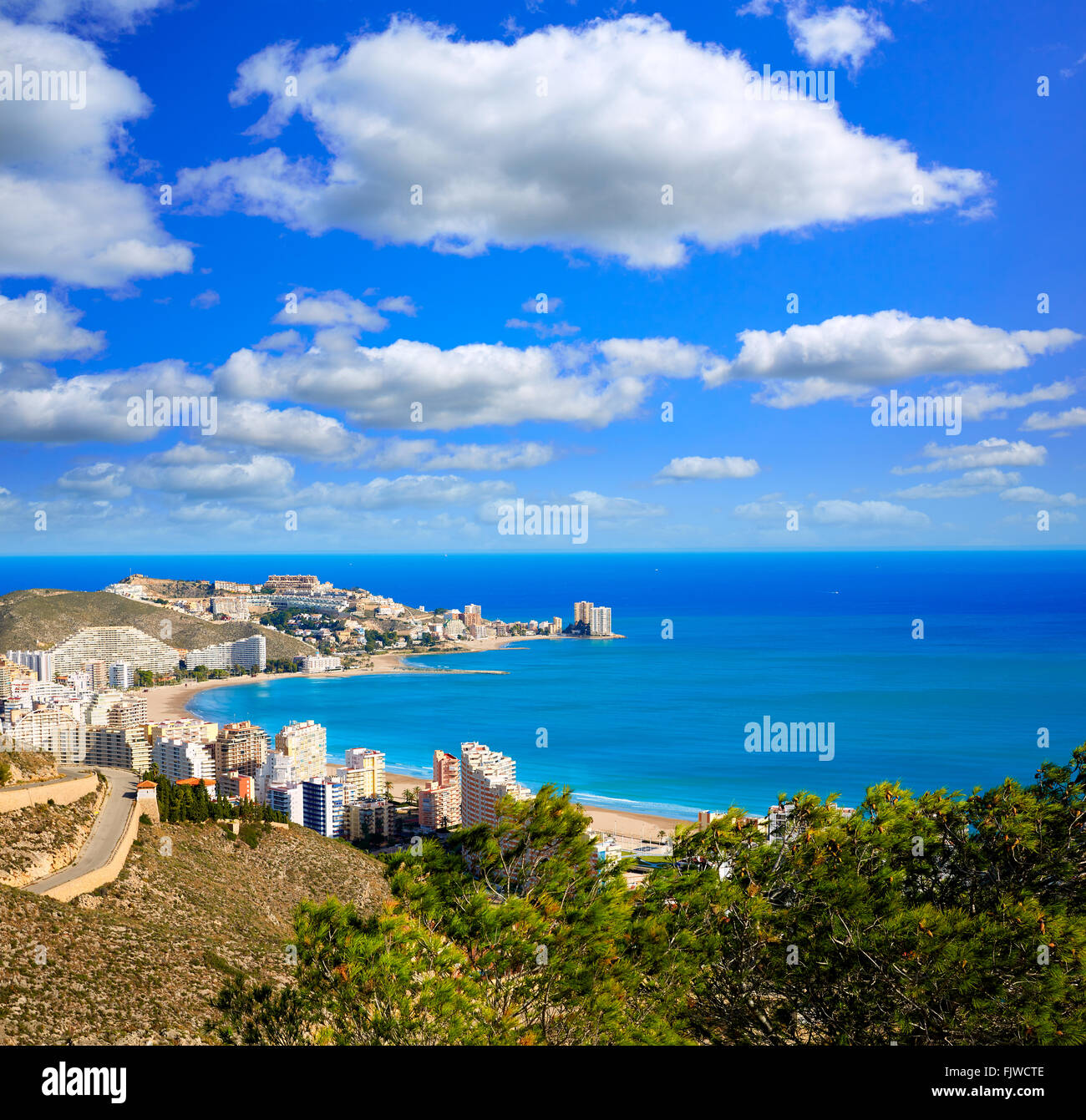 Cullera beach aerial with skyline of village in Mediterranean Valencia of Spain Stock Photo