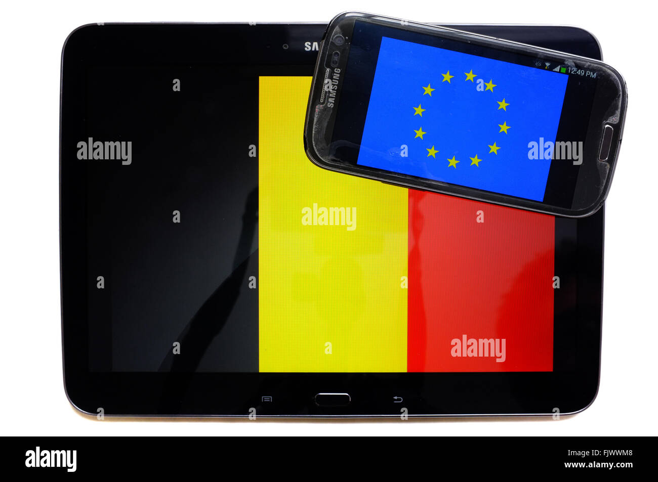 The flag of Belgium displayed on a tablet screen with the EU flag on a  smartphone photographed against a white background Stock Photo - Alamy