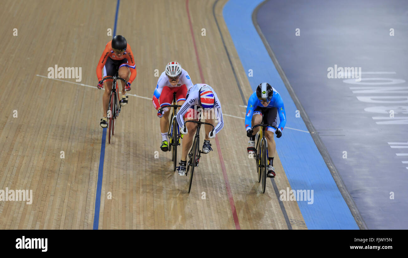 London, UK, 3 March 2016. UCI 2016 Track Cycling World Championships. Great Britain's Rebecca James (centre-right) won Heat 2 of the Women's Keirin First Round Repechages to progress to the Second Round. She has recently returned from around two years off from injury and illness. Credit:  Clive Jones/Alamy Live News Stock Photo