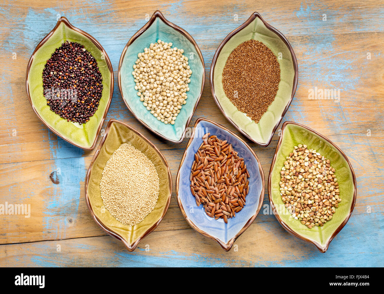 a set of six gluten free grains (black quinoa, teff, amaranth