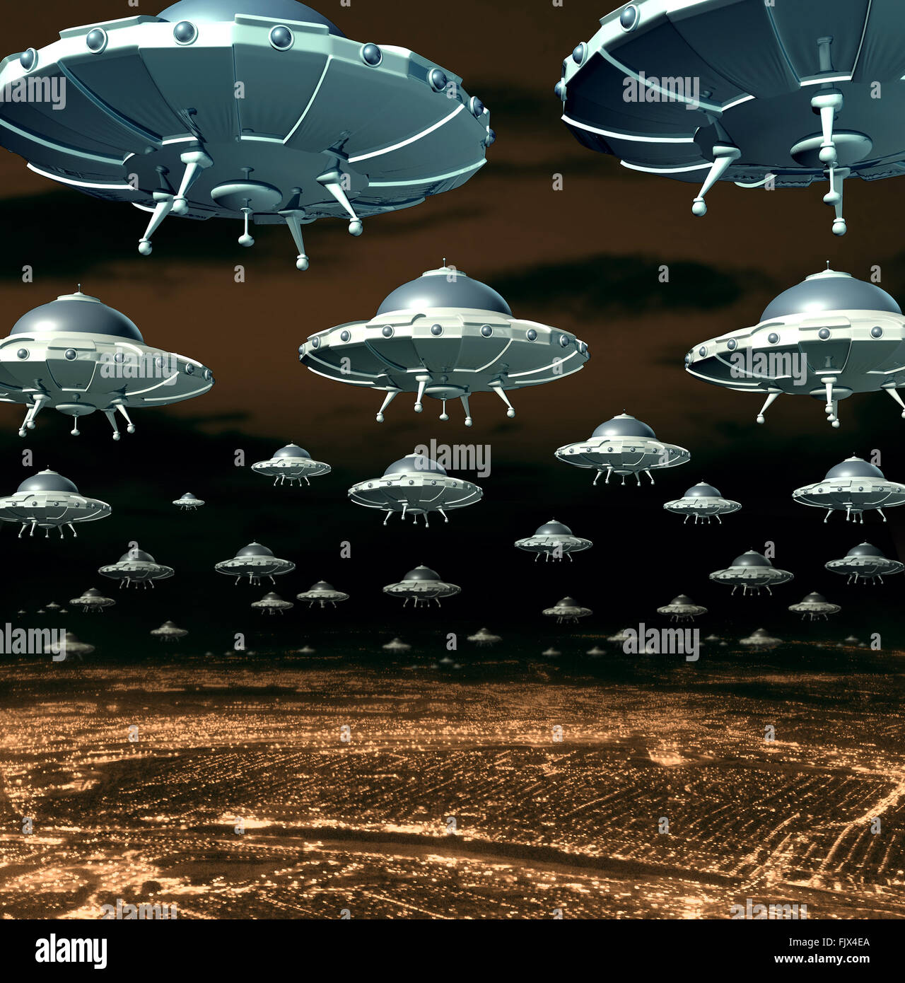 Alien invasion concept as a menacing group of invading flying saucers and spaceships over a city as science fiction ufo extraterrestrial hover crafts from outer space taking over the planet earth. Stock Photo